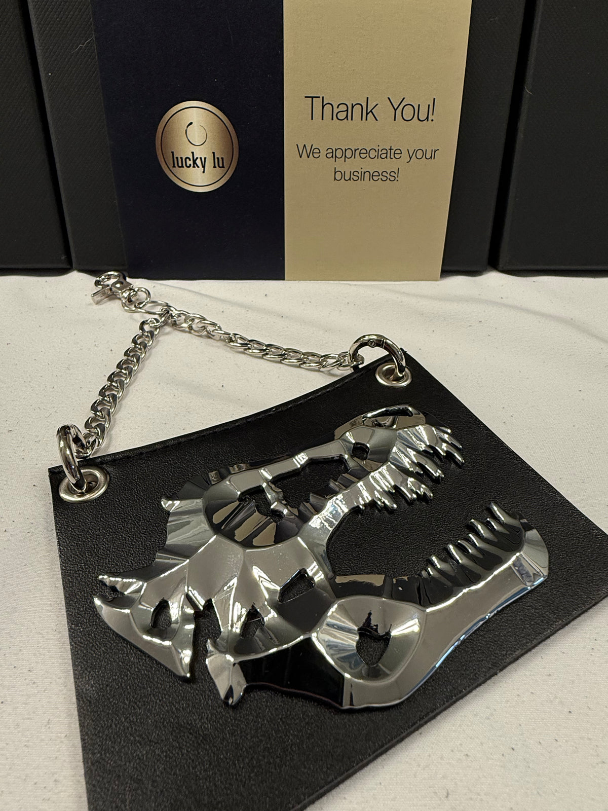 Repurposed Piece of a Coach Handbag with T-Rex Emblem Bag Charm