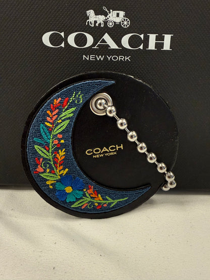 Repurposed Center of a Coach Coaster Holder with Embroidered Moon Patch and Large Ball Chain