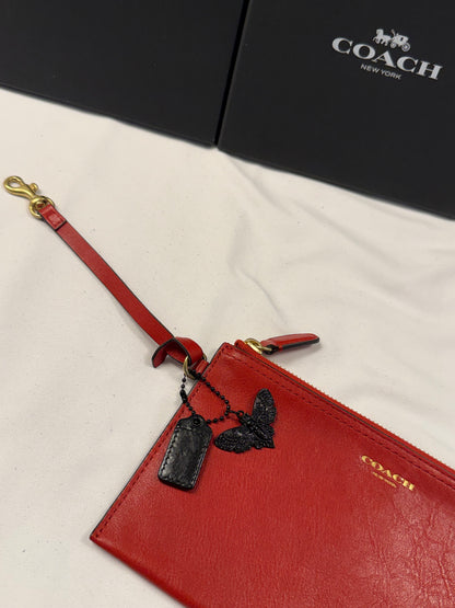 Upcrafted Coach Red Back Pouch with Gold Hardware Stenciled Skull Moth Painted and Mini Hagtag and Skull Moth Charm