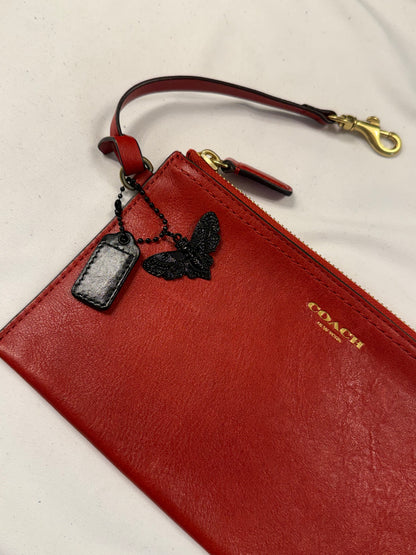 Upcrafted Coach Red Back Pouch with Gold Hardware Stenciled Skull Moth Painted and Mini Hagtag and Skull Moth Charm