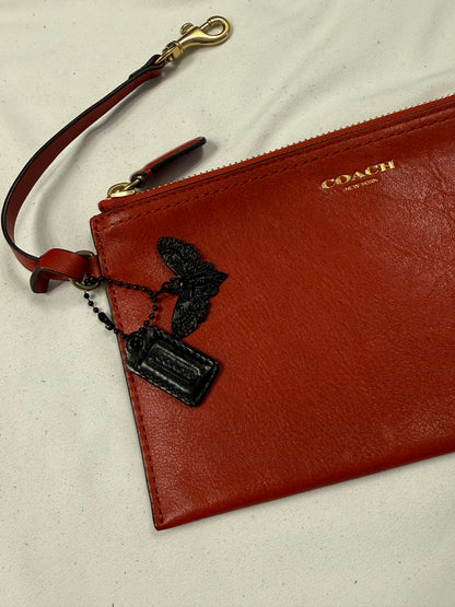 Upcrafted Coach Red Back Pouch with Gold Hardware Stenciled Skull Moth Painted and Mini Hagtag and Skull Moth Charm