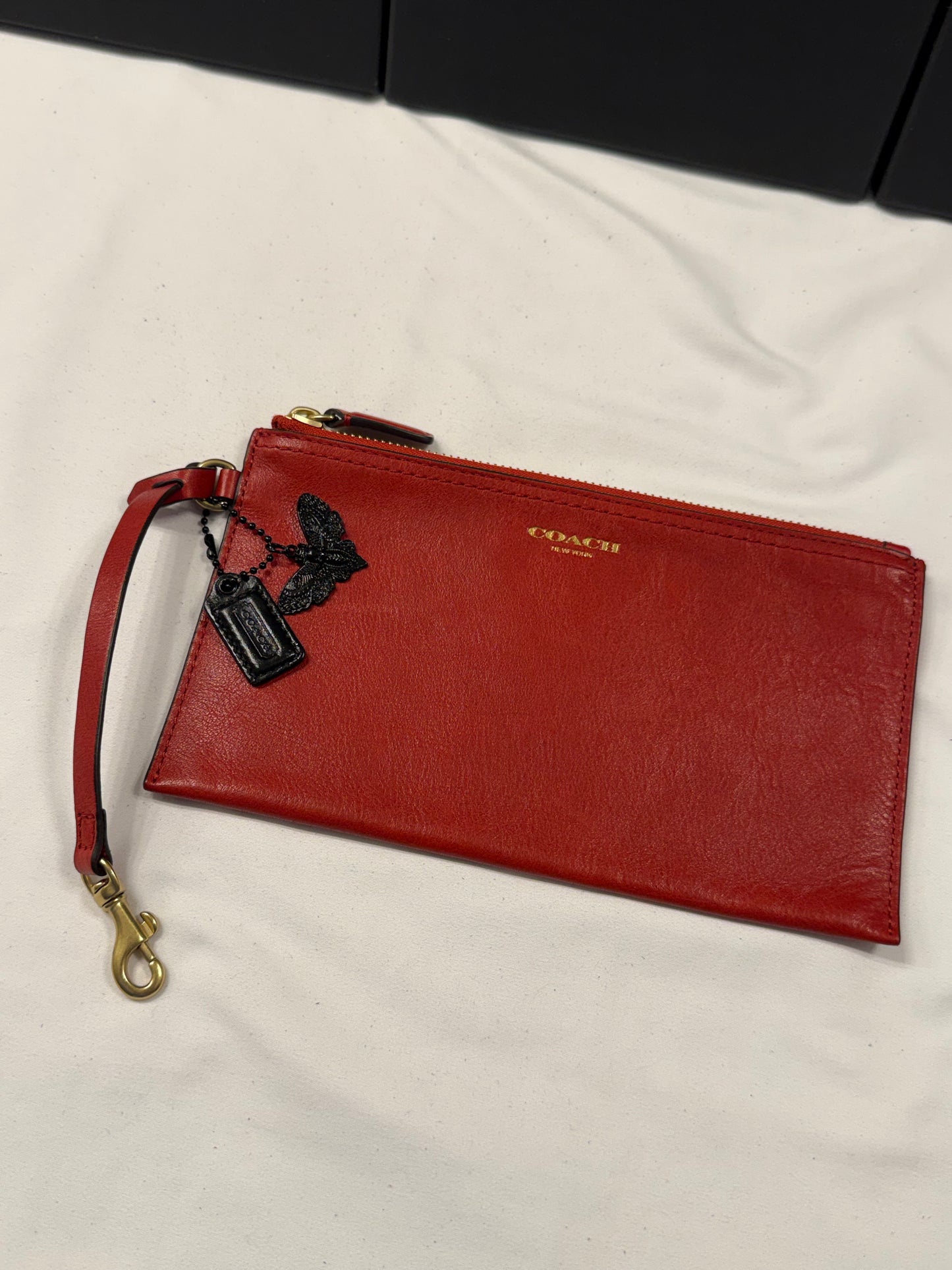 Upcrafted Coach Red Back Pouch with Gold Hardware Stenciled Skull Moth Painted and Mini Hagtag and Skull Moth Charm