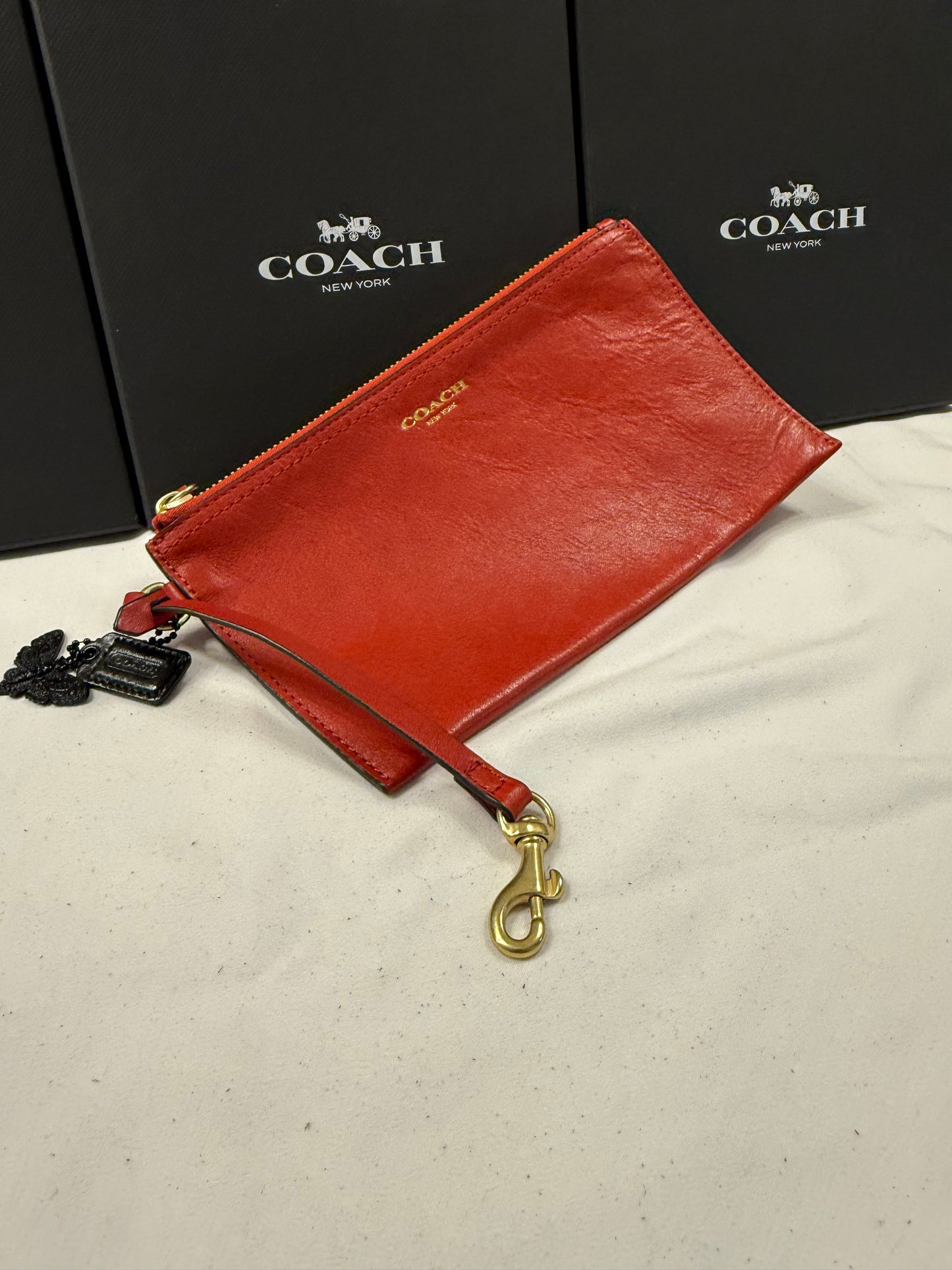 Upcrafted Coach Red Back Pouch with Gold Hardware Stenciled Skull Moth Painted and Mini Hagtag and Skull Moth Charm