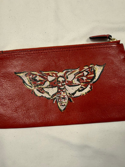 Upcrafted Coach Red Back Pouch with Gold Hardware Stenciled Skull Moth Painted and Mini Hagtag and Skull Moth Charm
