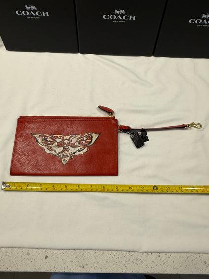 Upcrafted Coach Red Back Pouch with Gold Hardware Stenciled Skull Moth Painted and Mini Hagtag and Skull Moth Charm