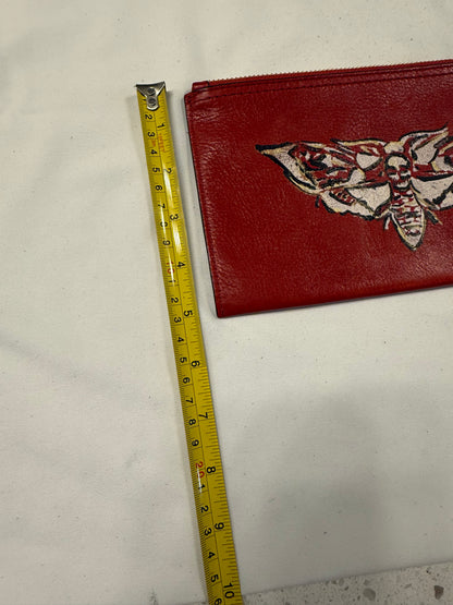 Upcrafted Coach Red Back Pouch with Gold Hardware Stenciled Skull Moth Painted and Mini Hagtag and Skull Moth Charm