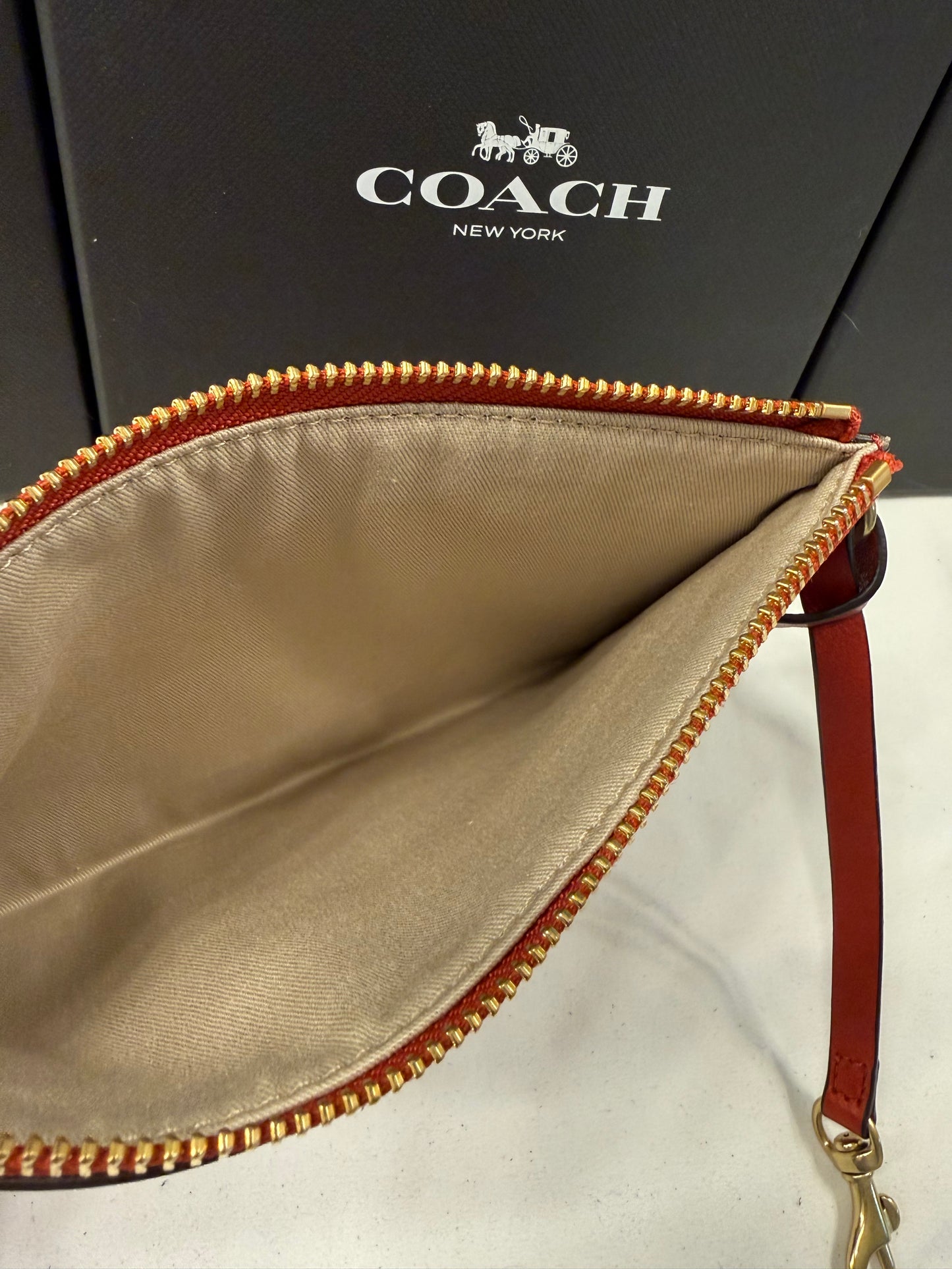 Upcrafted Coach Red Back Pouch with Gold Hardware Stenciled Skull Moth Painted and Mini Hagtag and Skull Moth Charm