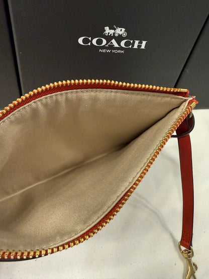 Upcrafted Coach Red Back Pouch with Gold Hardware Stenciled Skull Moth Painted and Mini Hagtag and Skull Moth Charm