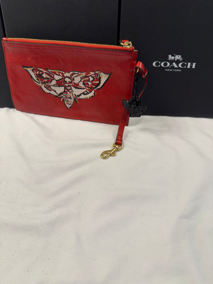 Upcrafted Coach Red Back Pouch with Gold Hardware Stenciled Skull Moth Painted and Mini Hagtag and Skull Moth Charm