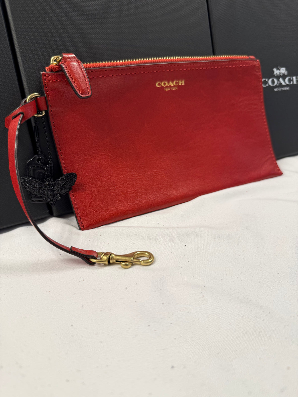 Upcrafted Coach Red Back Pouch with Gold Hardware Stenciled Skull Moth Painted and Mini Hagtag and Skull Moth Charm