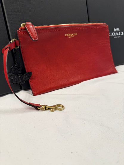Upcrafted Coach Red Back Pouch with Gold Hardware Stenciled Skull Moth Painted and Mini Hagtag and Skull Moth Charm