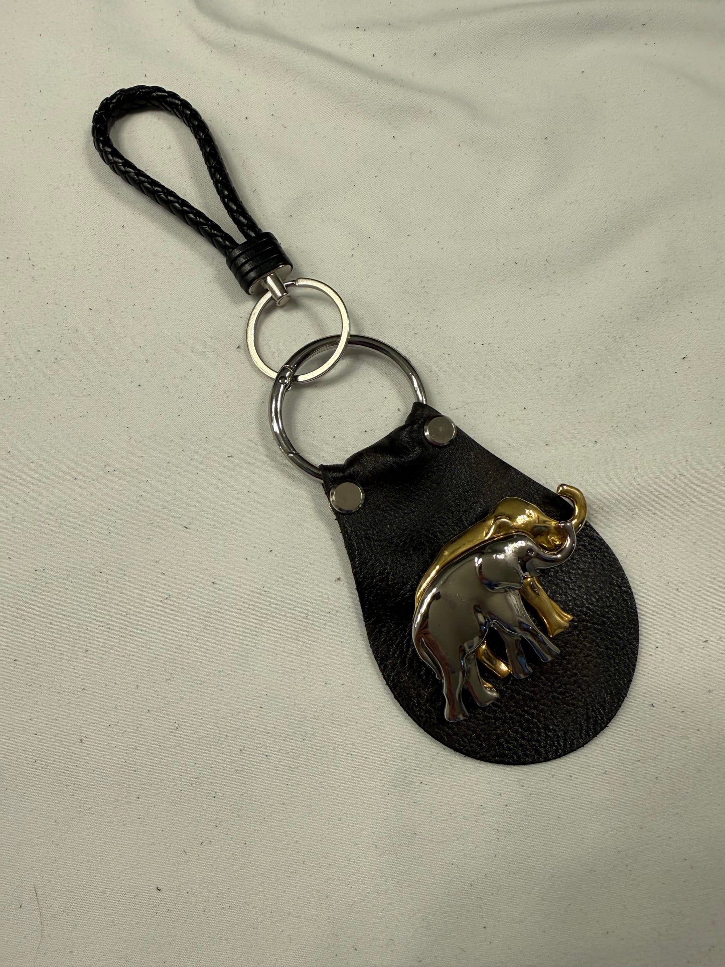 Repurposed Elephant Brooch Pin on Handcut Painted Leather with Studs Key Chain
