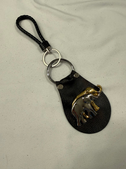 Repurposed Elephant Brooch Pin on Handcut Painted Leather with Studs Key Chain