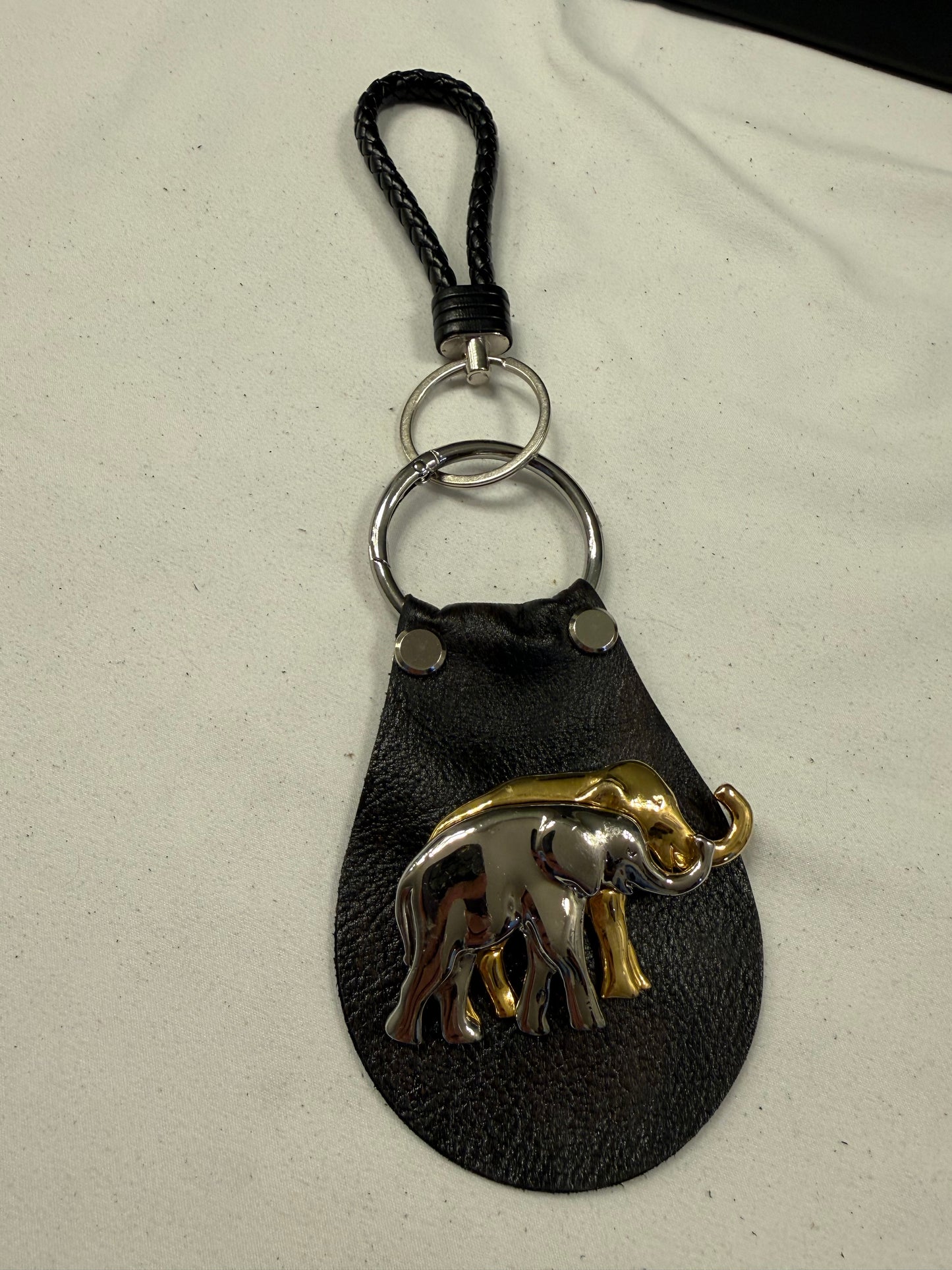 Repurposed Elephant Brooch Pin on Handcut Painted Leather with Studs Key Chain