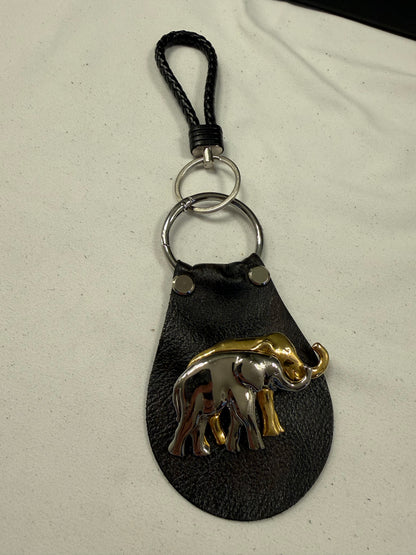 Repurposed Elephant Brooch Pin on Handcut Painted Leather with Studs Key Chain