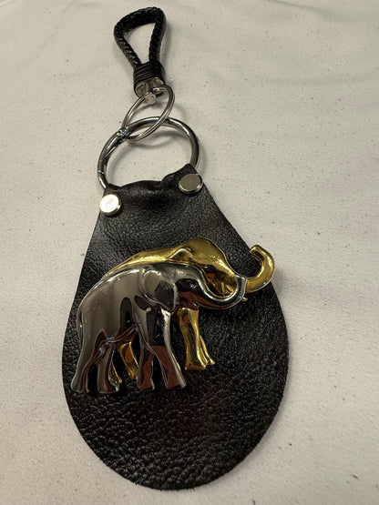 Repurposed Elephant Brooch Pin on Handcut Painted Leather with Studs Key Chain