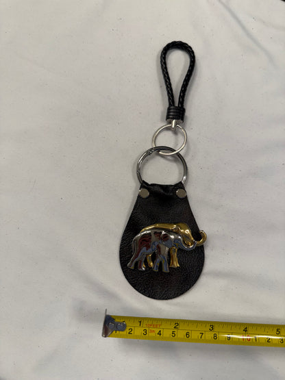 Repurposed Elephant Brooch Pin on Handcut Painted Leather with Studs Key Chain