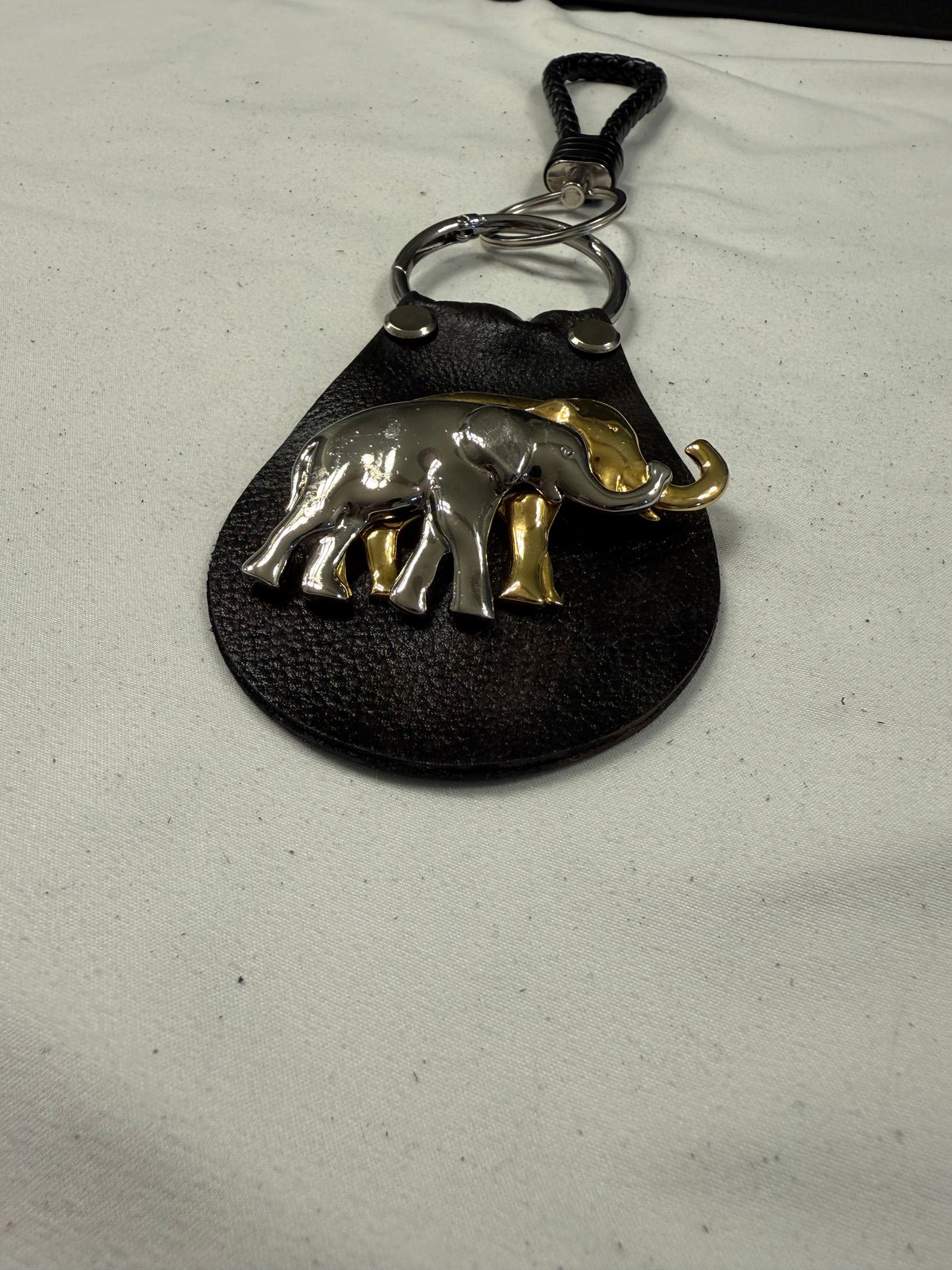 Repurposed Elephant Brooch Pin on Handcut Painted Leather with Studs Key Chain