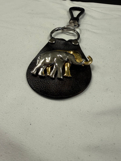 Repurposed Elephant Brooch Pin on Handcut Painted Leather with Studs Key Chain
