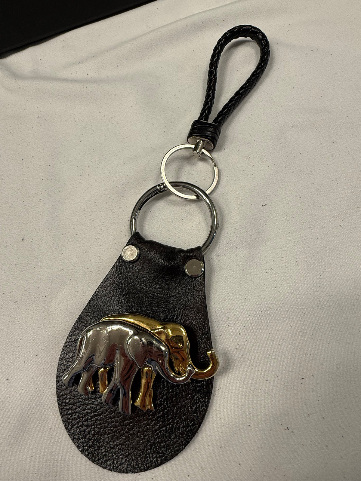 Repurposed Elephant Brooch Pin on Handcut Painted Leather with Studs Key Chain