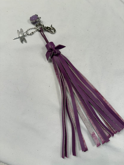 Repurposed Coach Lavender Snail Charm, Handcut Leather Purple Tassel, and Dragonfly Charm Bag Charm Cluster