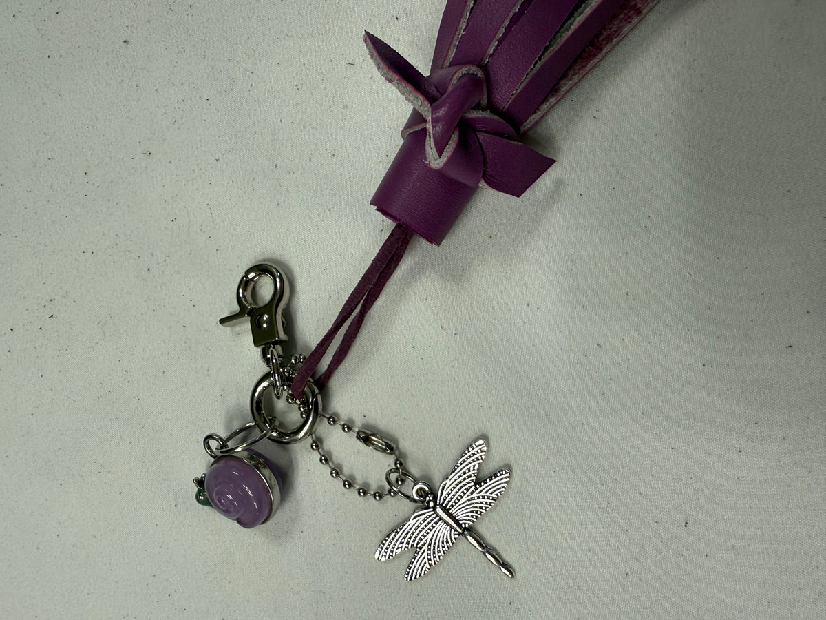 Repurposed Coach Lavender Snail Charm, Handcut Leather Purple Tassel, and Dragonfly Charm Bag Charm Cluster