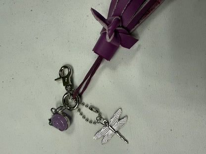 Repurposed Coach Lavender Snail Charm, Handcut Leather Purple Tassel, and Dragonfly Charm Bag Charm Cluster