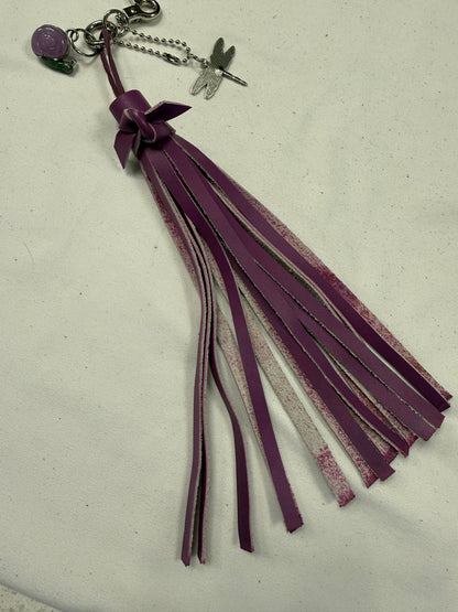 Repurposed Coach Lavender Snail Charm, Handcut Leather Purple Tassel, and Dragonfly Charm Bag Charm Cluster
