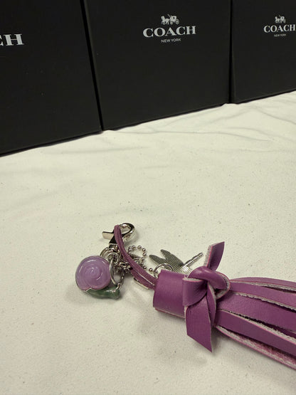 Repurposed Coach Lavender Snail Charm, Handcut Leather Purple Tassel, and Dragonfly Charm Bag Charm Cluster