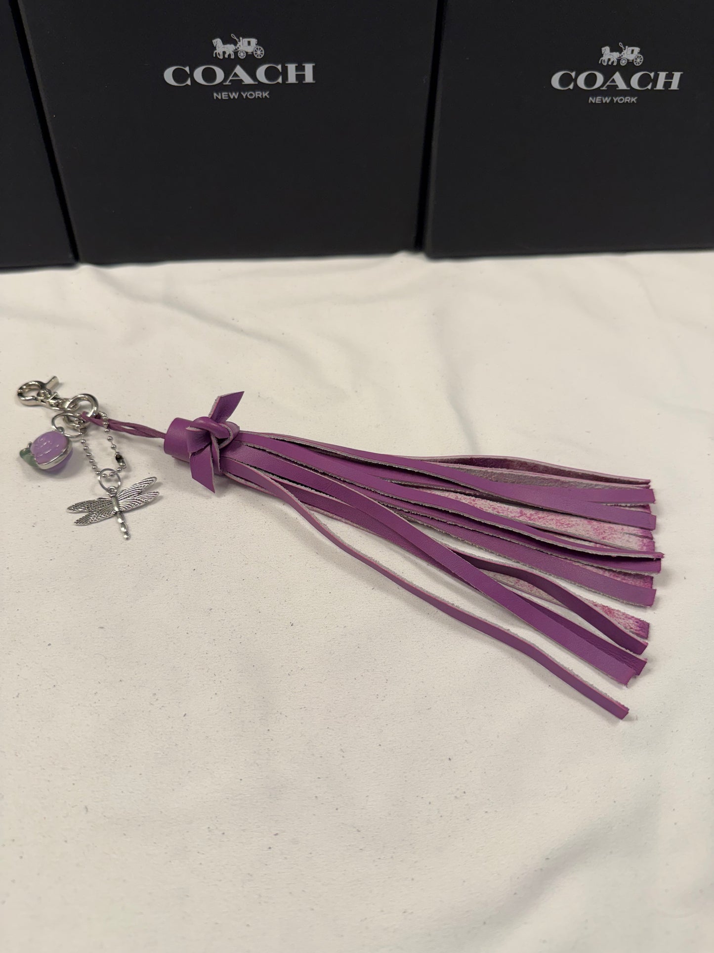 Repurposed Coach Lavender Snail Charm, Handcut Leather Purple Tassel, and Dragonfly Charm Bag Charm Cluster