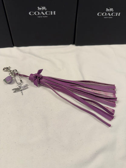 Repurposed Coach Lavender Snail Charm, Handcut Leather Purple Tassel, and Dragonfly Charm Bag Charm Cluster