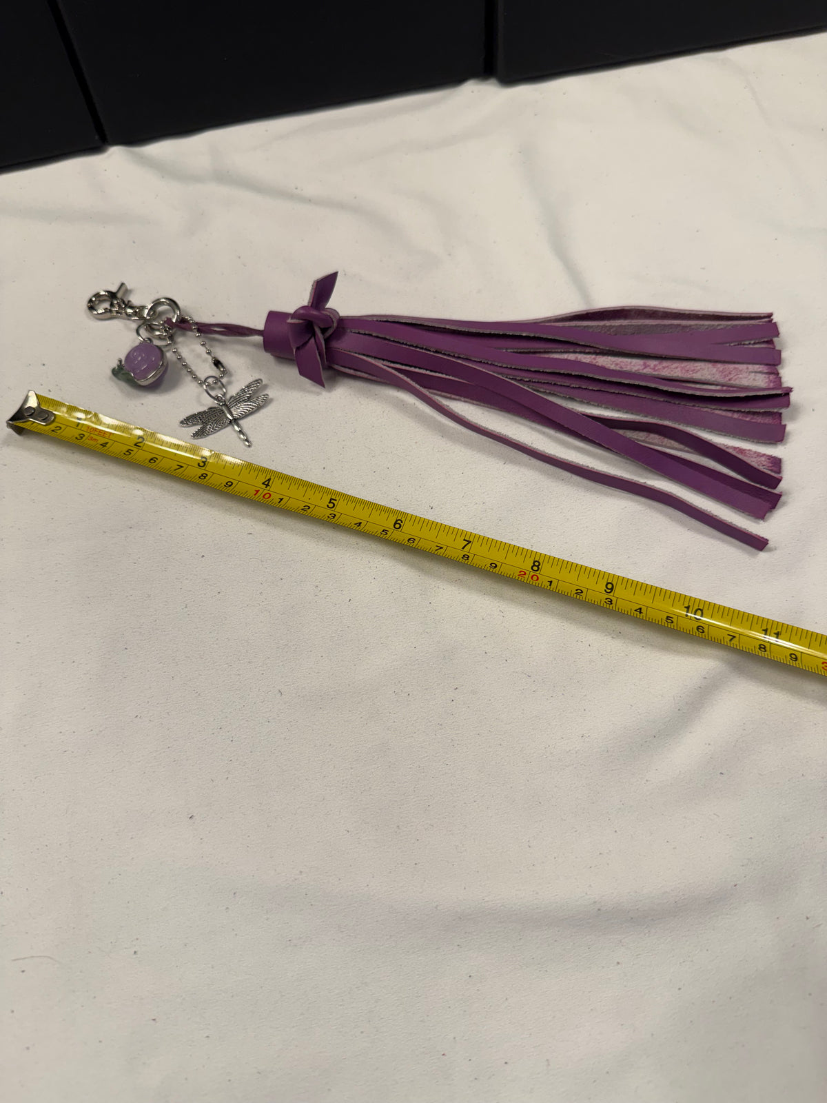 Repurposed Coach Lavender Snail Charm, Handcut Leather Purple Tassel, and Dragonfly Charm Bag Charm Cluster