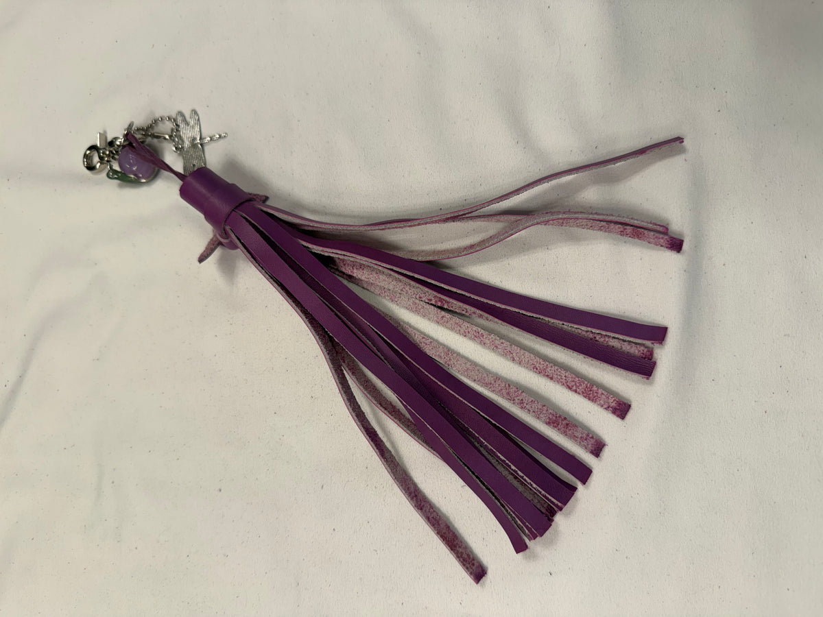 Repurposed Coach Lavender Snail Charm, Handcut Leather Purple Tassel, and Dragonfly Charm Bag Charm Cluster