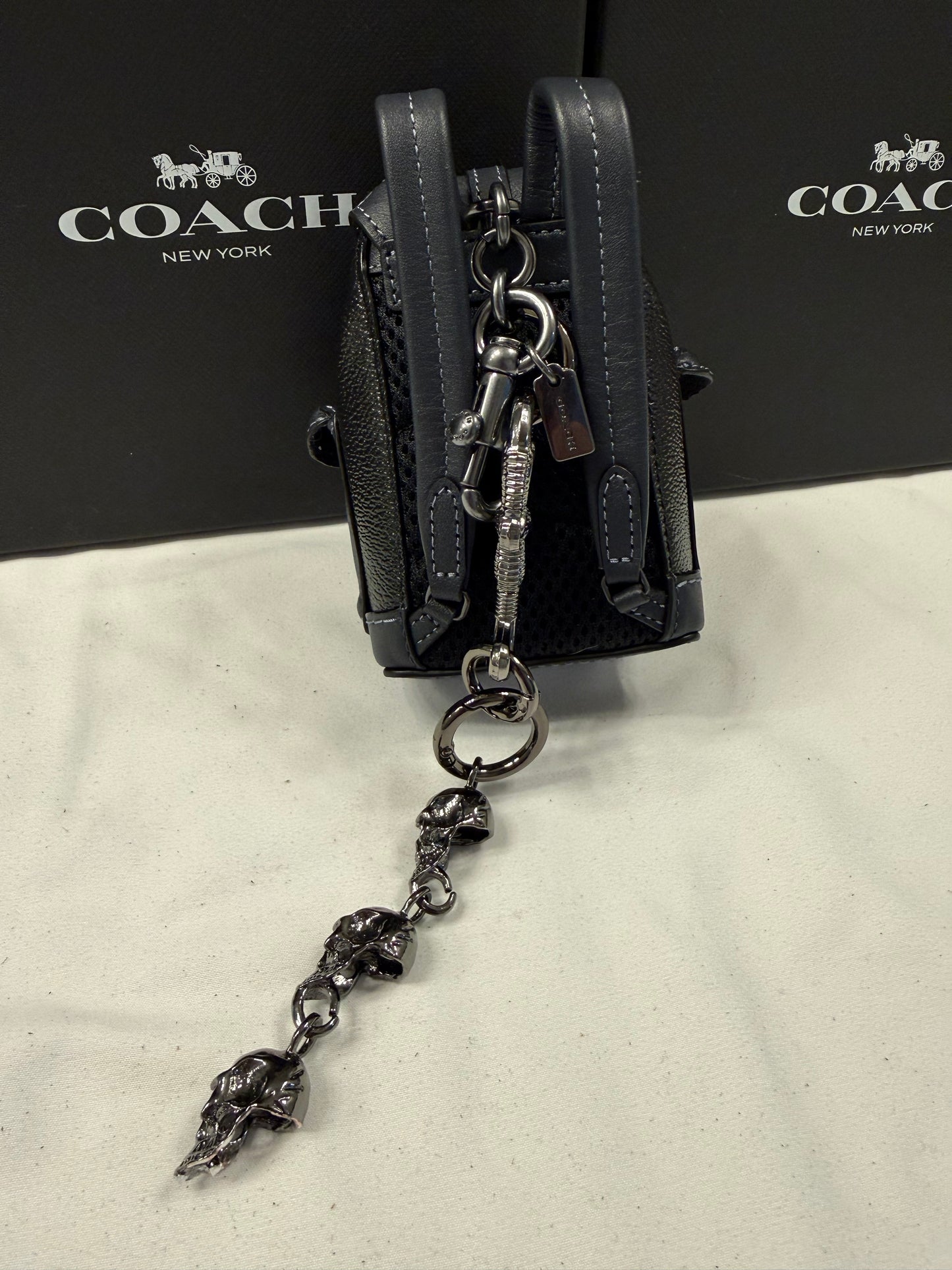 Upcrafted Coach Mini-Backpack Painted Black Bag Charm with Snake and Skull Charm Chain