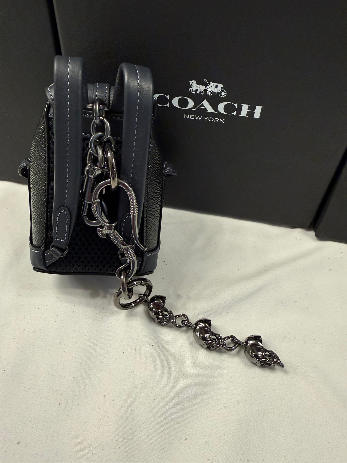 Upcrafted Coach Mini-Backpack Painted Black Bag Charm with Snake and Skull Charm Chain