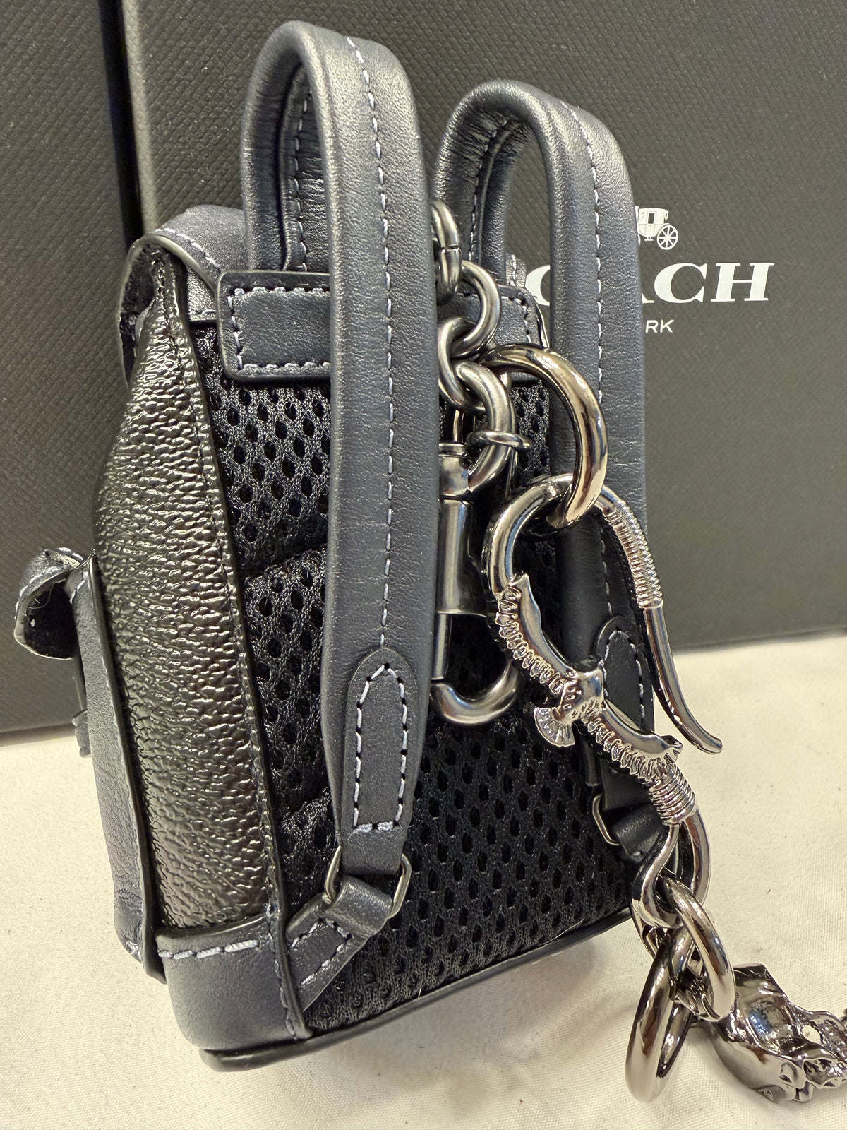 Upcrafted Coach Mini-Backpack Painted Black Bag Charm with Snake and Skull Charm Chain