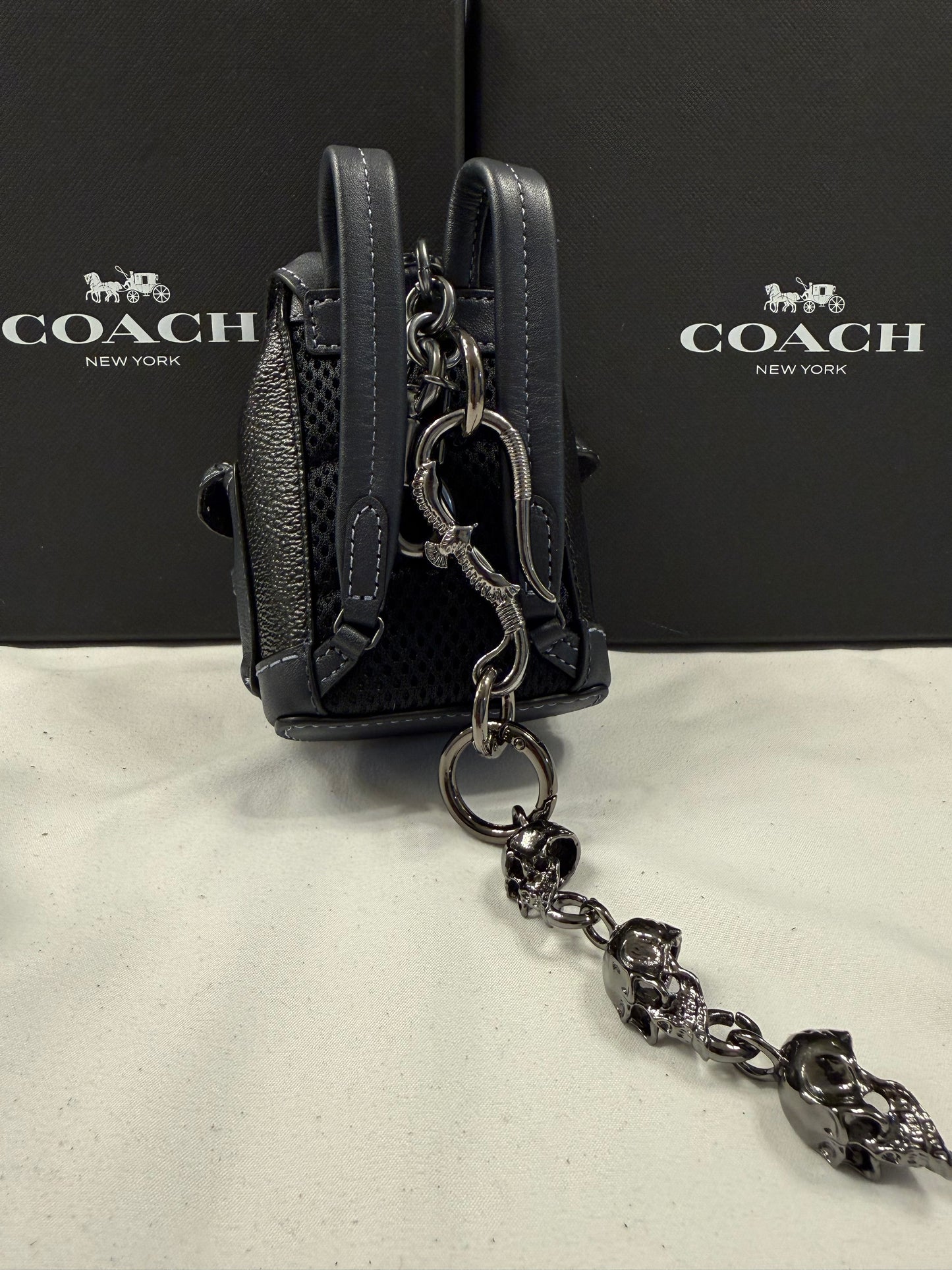 Upcrafted Coach Mini-Backpack Painted Black Bag Charm with Snake and Skull Charm Chain