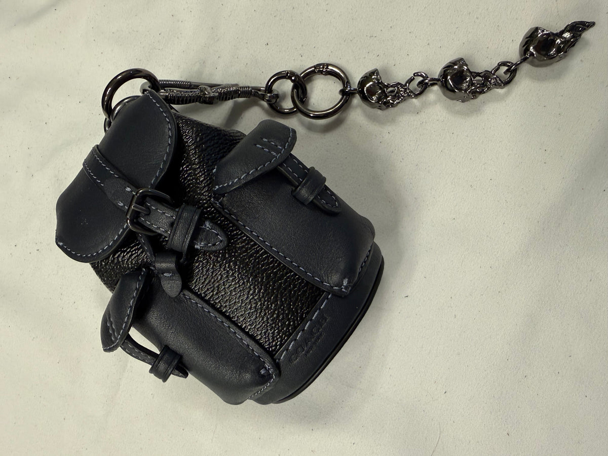 Upcrafted Coach Mini-Backpack Painted Black Bag Charm with Snake and Skull Charm Chain