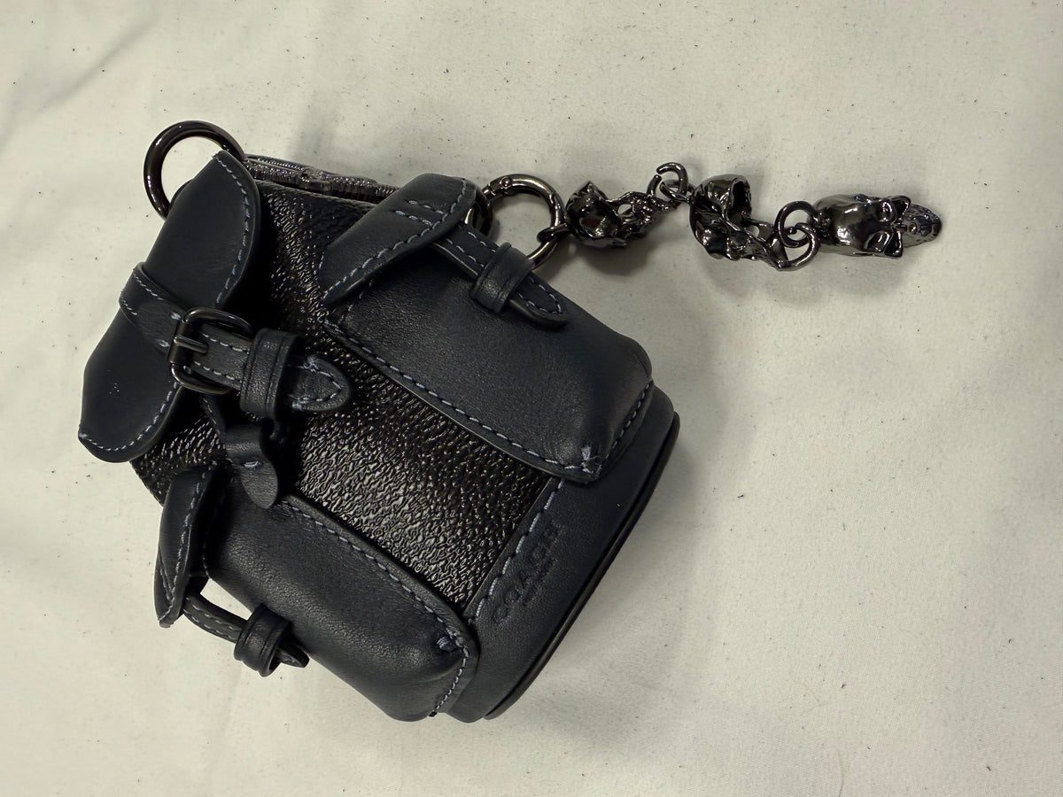 Upcrafted Coach Mini-Backpack Painted Black Bag Charm with Snake and Skull Charm Chain