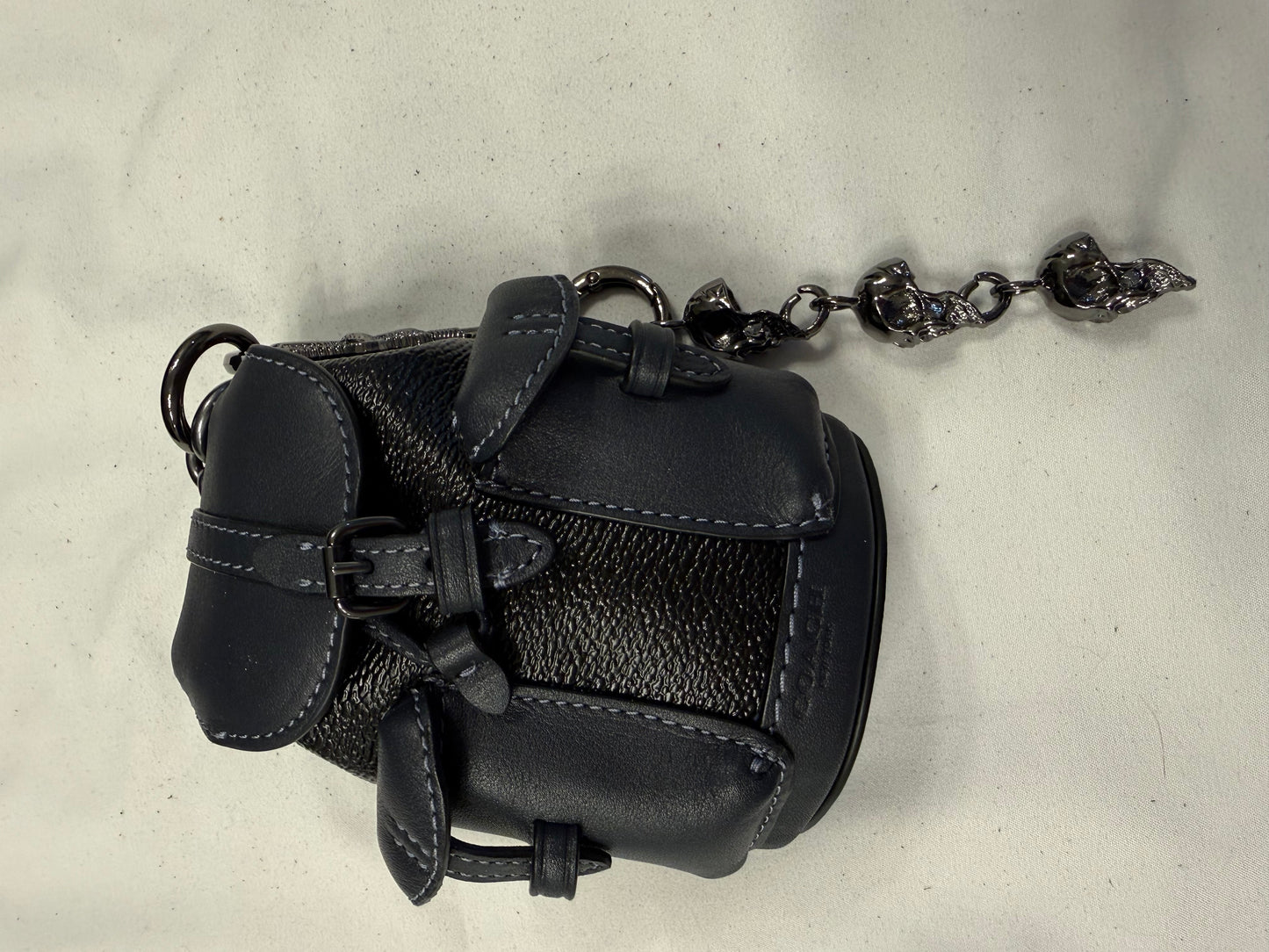 Upcrafted Coach Mini-Backpack Painted Black Bag Charm with Snake and Skull Charm Chain