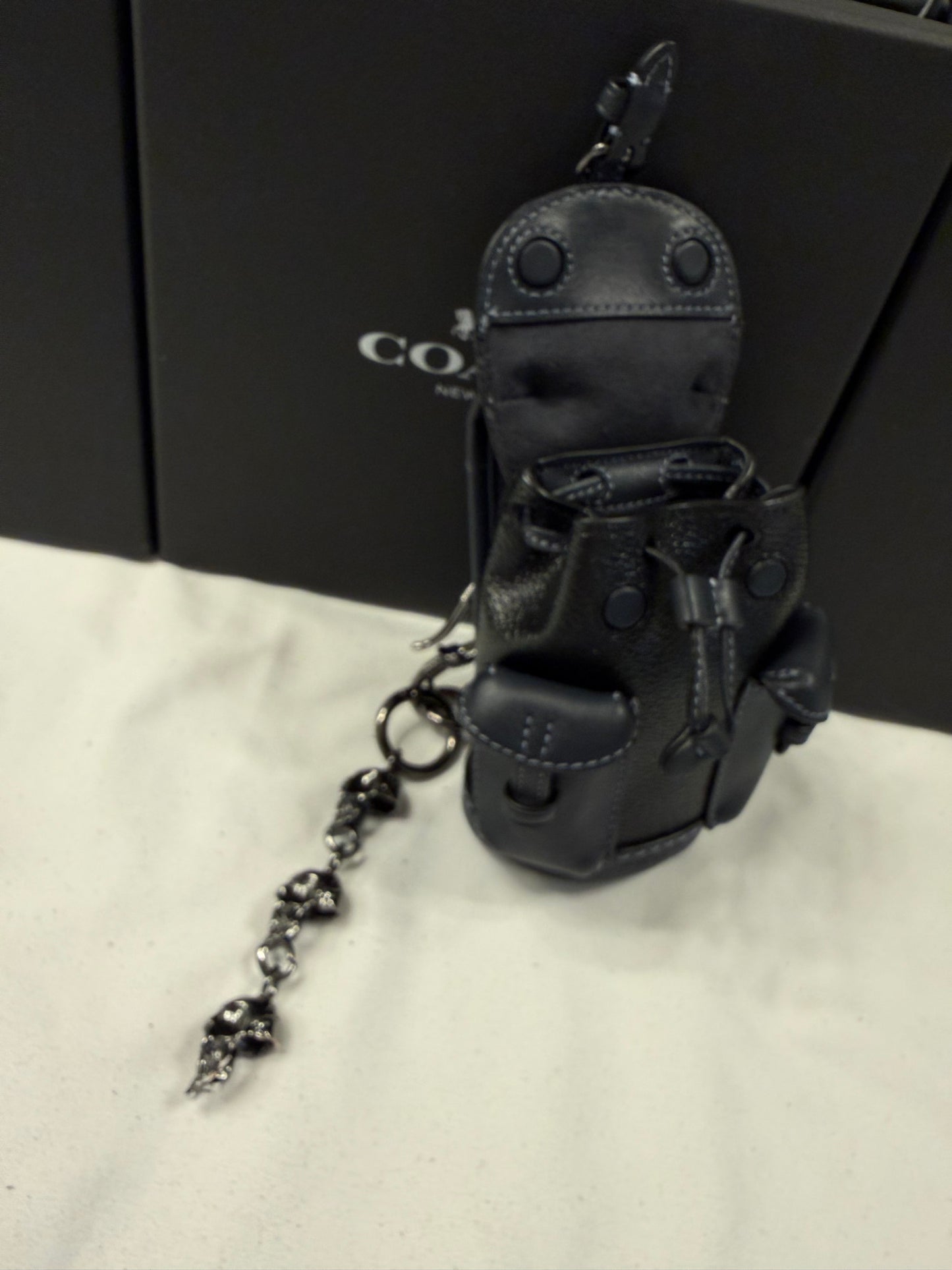 Upcrafted Coach Mini-Backpack Painted Black Bag Charm with Snake and Skull Charm Chain