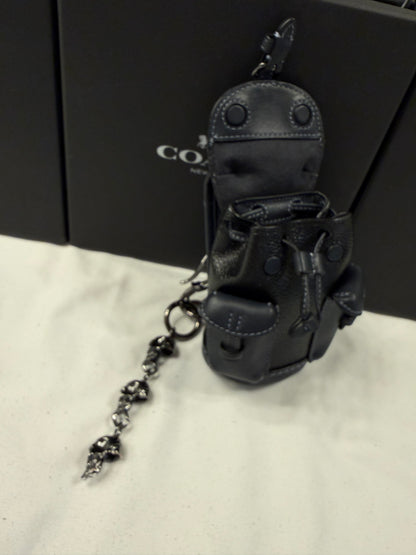 Upcrafted Coach Mini-Backpack Painted Black Bag Charm with Snake and Skull Charm Chain