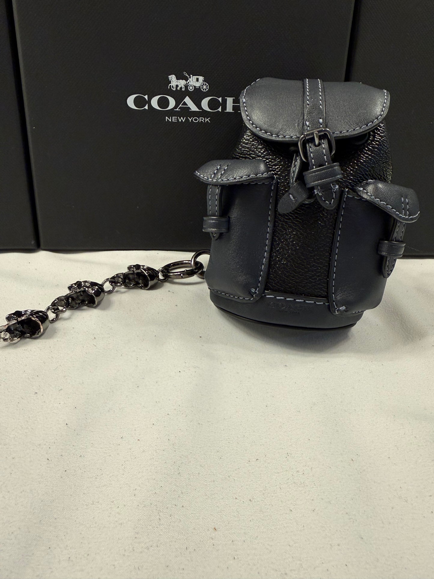 Upcrafted Coach Mini-Backpack Painted Black Bag Charm with Snake and Skull Charm Chain