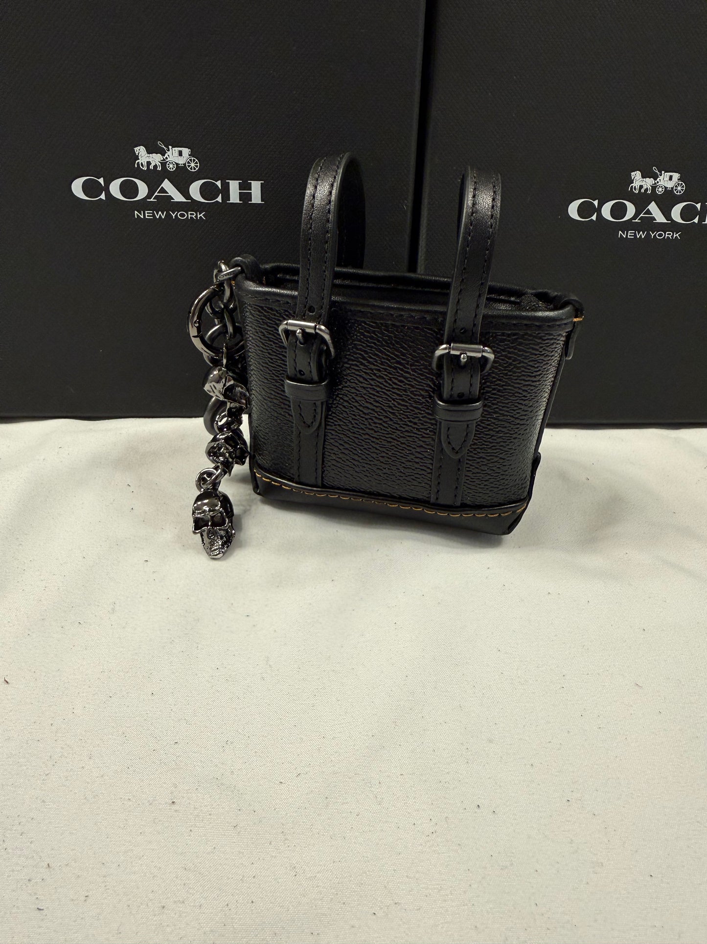 Upcrafted Coach Tote Mini-Bag Charm Painted Black with Skull Charms Gunmetal