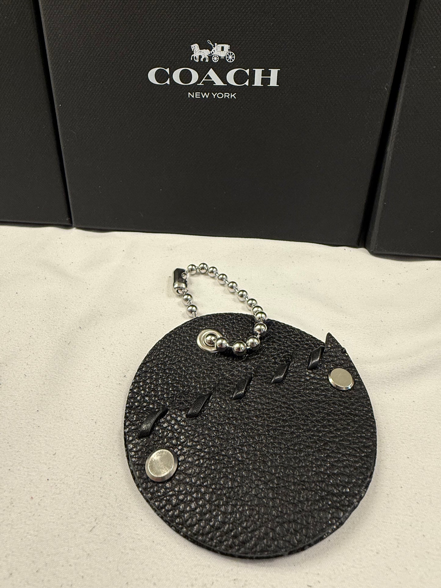 Repurposed Piece of a Coach Bag Bag Charm on Large Ball Chain Silver Tone