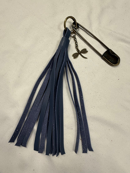 Handcut Blue Leather Tassel with XL Safety Pin and Dragonfly Charm Bag Charm