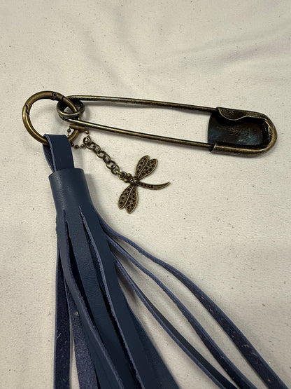 Handcut Blue Leather Tassel with XL Safety Pin and Dragonfly Charm Bag Charm