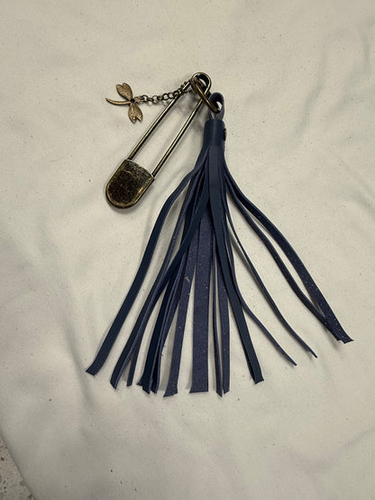 Handcut Blue Leather Tassel with XL Safety Pin and Dragonfly Charm Bag Charm