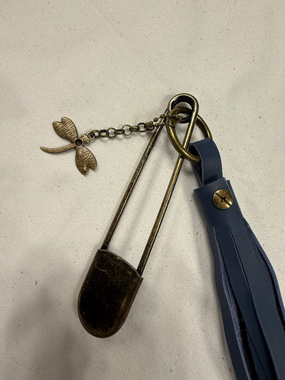 Handcut Blue Leather Tassel with XL Safety Pin and Dragonfly Charm Bag Charm