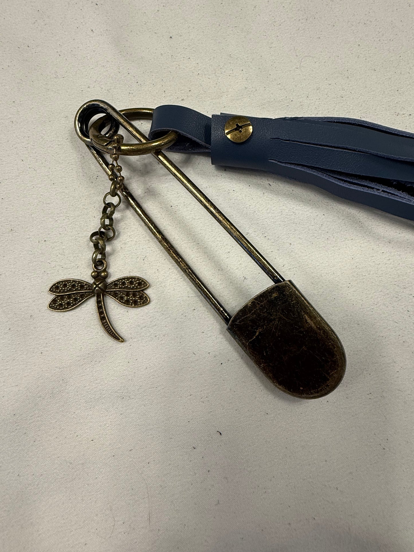 Handcut Blue Leather Tassel with XL Safety Pin and Dragonfly Charm Bag Charm